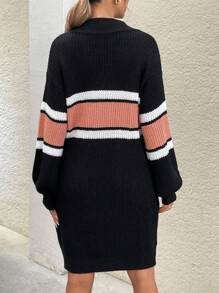SHEIN LUNE Damen Gestreiftes Pulloverkleid mit halbem Reißverschluss und langen Ärmeln, lässig, Herbst/Winter, Drop-Shoulder - Schwarz - Übersicht 2
