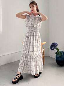 FRIFUL 女士简约日常印花无袖连衣裙，荷叶边 - 米色 - 查看 10