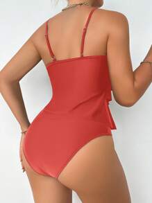 SHEIN Swim 女士纯色拼接荷叶边分体泳衣 夏季 - 乾枯玫瑰色 - 查看 2