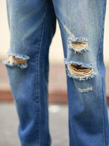 Manfinity Homme Men Vintage Washed Deep Blue Straight-Leg Denim Casual Jeans - Light Grey - View 5