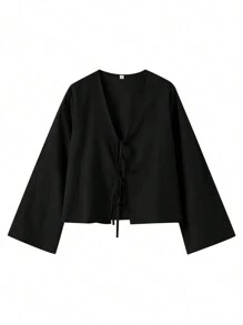 SHEIN VCAY Plus Size Casual Bell Sleeve Tie Waist Shirt, Autumn Resort Wear