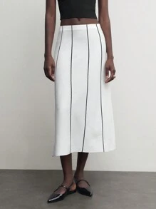 BizChic Falda de punto acampanada de cintura elástica con contraste de color para atuendos de mujer en otoño - Blanco - Ver 7