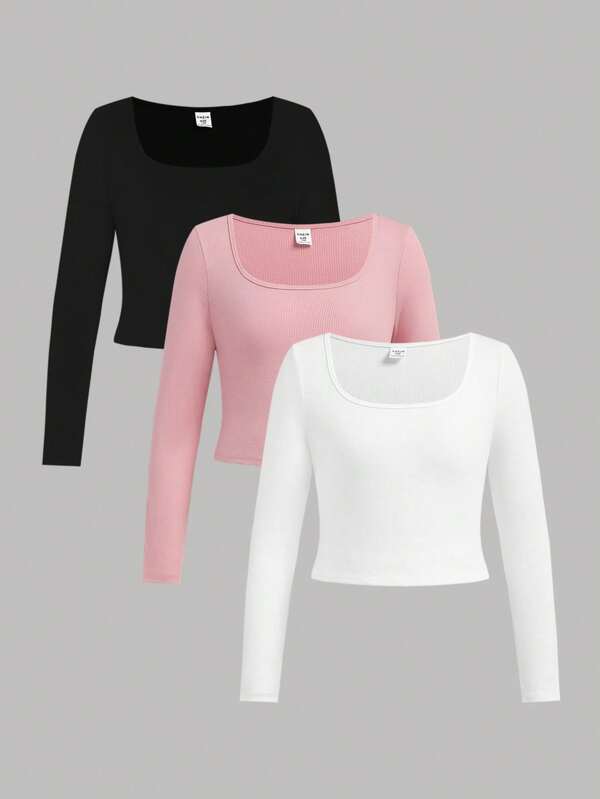 SHEIN Multi-pack de T-shirts manches longues, couleur unie, simple et décontracté, pour jeunes filles