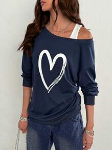 INAWLY 女士心形印花宽松不对称领口长袖休闲运动衫，适合春秋季，长袖上衣 - 藍色 - 查看 3