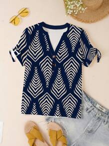 INAWLY Camiseta casual de verano para mujer con mangas cortas tipo ala de murciélago, cuello en V acanalado y estampado geométrico