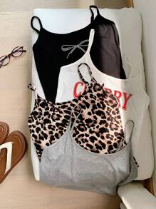 Comfortcana 4pcs/Set Plus Size Casual Minimalist Spaghetti Strap Leopard Print & Solid Color With Rhinestones Bowknot & Cherry Print Tank Tops For Women, Summer Back To School