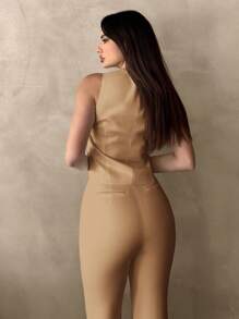 SHEIN Essnce 女式 V 领无袖纽扣纯色优雅时尚衬衫 - 卡其色 - 查看 2