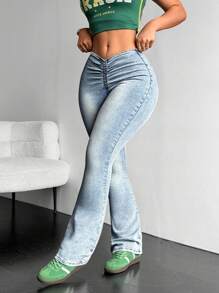 SHEIN EZwear Quần jean denim dày ấm áp đơn giản có túi xếp ly cho nữ ngày lễ Tạ ơn Giáng sinh - Màu xanh lam - Xem 3