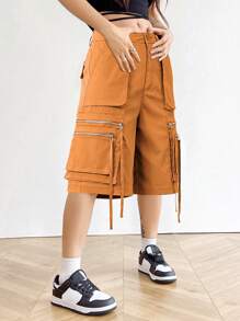 Flirla Pantalones cortos de carga holgados de varios bolsillos con cremallera de unicolor para mujer