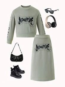 SHEIN 2 Stücke Mädchen Lässiges bedrucktes Sweatshirt Set