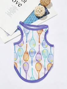 PETSIN 1pc Comfortable And Breathable French Tennis Racket Illustration Printed Purple Tank Top For Dogs And Cats, Summer - Multicolor - View 2