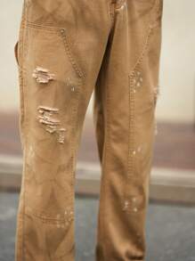 Manfinity Homme Men Ripped Straight Leg Jeans - Khaki - View 4