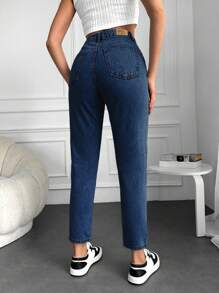 EURMUSE High Waist Mom Fit Jeans - Dark Wash - View 2
