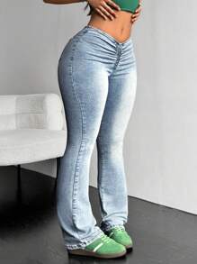 SHEIN EZwear Quần jean denim dày ấm áp đơn giản có túi xếp ly cho nữ ngày lễ Tạ ơn Giáng sinh - Màu xanh lam - Xem 5