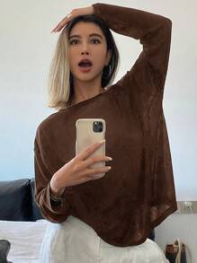 Livesso Women's Solid Color Crew Neck Casual Everyday Long Sleeve Top Summer - Coffee Brown - View 5