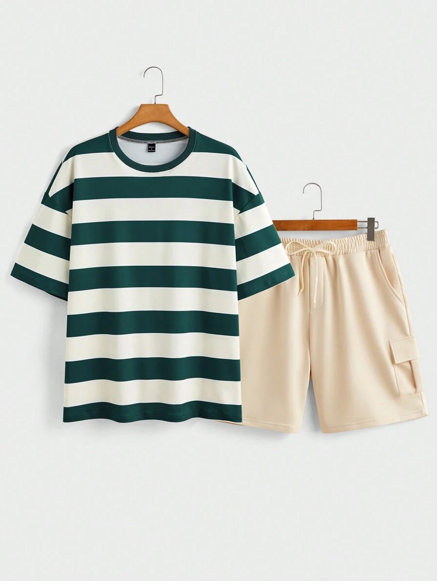 Manfinity Hypemode 男士寬鬆款綠色條紋落肩T恤及卡其色貨物短褲套裝