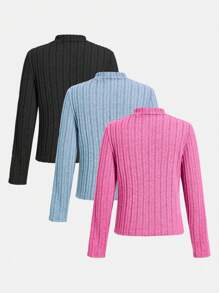 Sparklyn 3pcs Pack Tween Girls' Minimalist Ribbed Knit Turtleneck Long Sleeve Thermal Tops - Multicolor - View 2