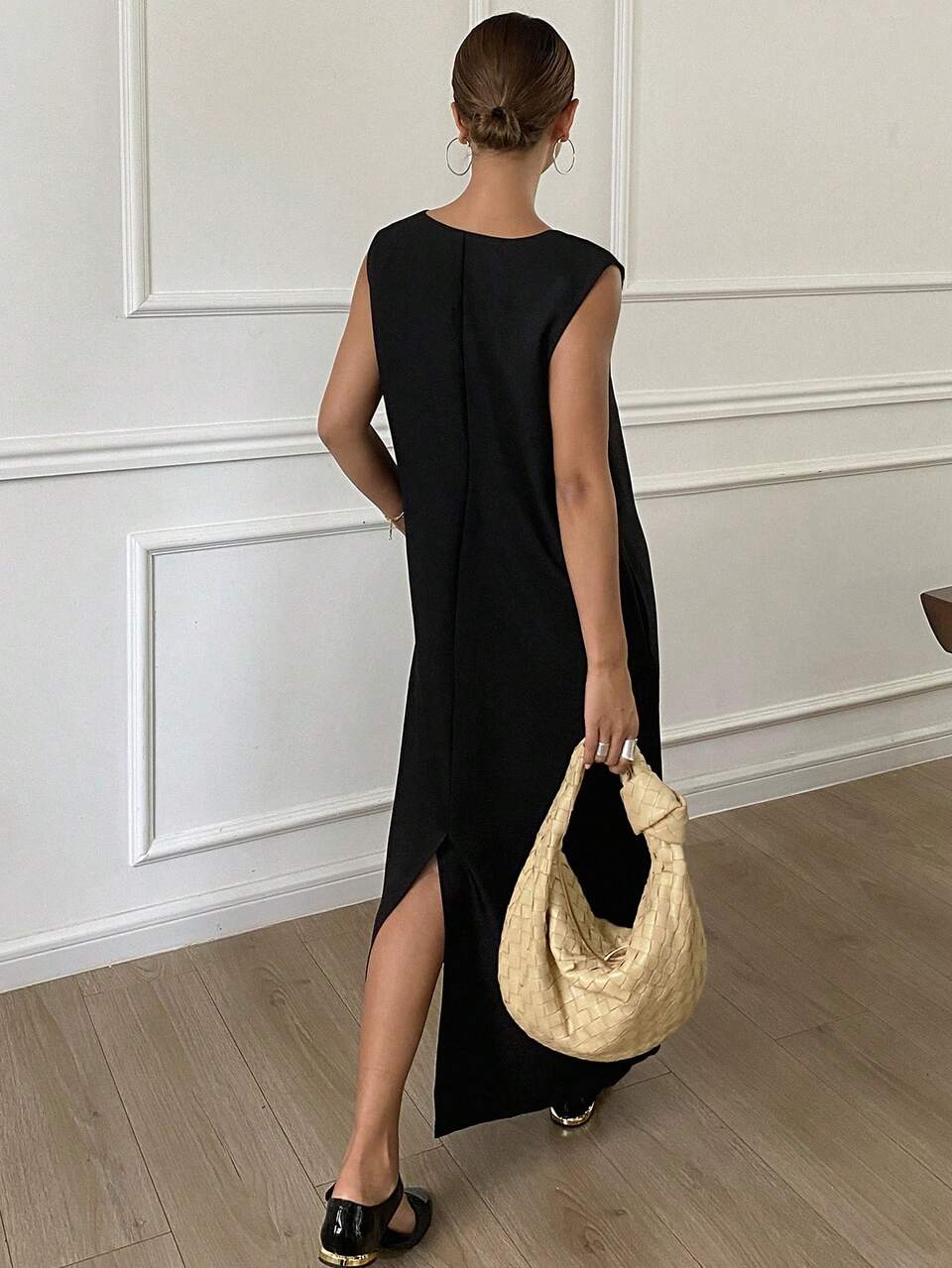 Women Loose Solid V-Neck Sleeveless Black Long Dress Sundress,Fall Clothes