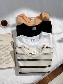 SHEIN Leap Crew 4 件装男婴和女婴图案 T 恤 - 黑色/白色休闲针织长袖上衣，适合秋冬季