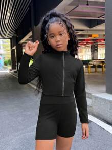 SHEIN 青少年女孩学院风休闲纯色针织连帽开衫和直腿短裤套装 - 黑色 - 查看 6