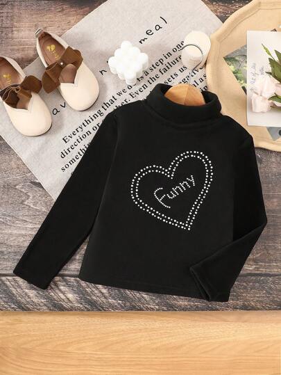 SHEIN Top de manga comprida com strass e gola alta elástica de veludo para meninas pequenas para o Halloween