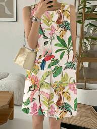 INAWLY Women's Round Neck Leaf Print Casual Holiday Summer Dress