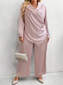 SHEIN CURVE+ Bộ 2 chiếc khăn choàng cổ màu trơn cỡ lớn có cổ áo dài tay và bộ quần dài - Rượu sâm banh - Xem 1