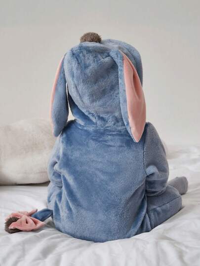 SHEIN Playful Pals 女婴毛绒卡通连帽连体衣，可爱小驴子图案，长袖连体衣