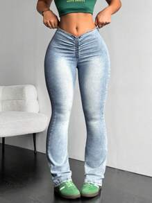 SHEIN EZwear Quần jean denim dày ấm áp đơn giản có túi xếp ly cho nữ ngày lễ Tạ ơn Giáng sinh - Màu xanh lam - Xem 6