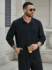 Manfinity Homme Men's Black Splicing Two-Piece Button-Up Shirt And Straight Casual Pants Set - Black - View 4