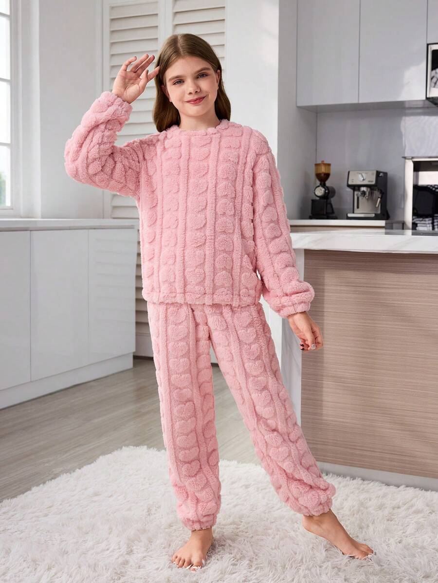 青少年女孩法兰绒睡衣，冬季保暖柔软粉色心形印花羊毛裤和宽松休闲长袖上衣 2 件套家居服套装，母女配套服装（3 套单独出售） - 粉色 - 查看 1
