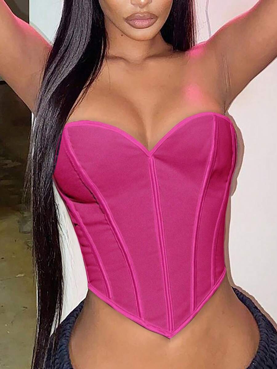 Apperloth A 浪漫纯色拼接装饰系带露背不对称下摆紧身胸衣连体衣，适合派对、夜店、露脐上衣、音乐节等场合。 - 中紫紅色 - 查看 1