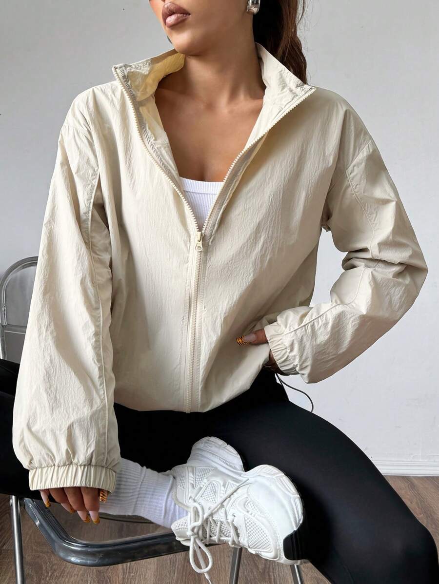 Flirla Beige Solid Color Zip-Up Casual Long Sleeve Jacket - Khaki - View 1