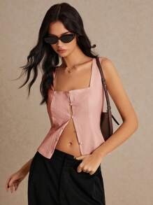 Poéselle Áo vest vải lanh, cổ vuông, cài cúc, kiểu dáng ôm sát, không tay và áo croptop, thích hợp cho kỳ nghỉ hè, đi làm hàng ngày, phong cách Pháp. - Hồng - Xem 2