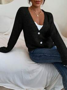 SHEIN LUNE Solid Color Long Sleeve Front Button Casual Black Cardigan - Black - View 5