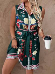 SHEIN Clasi Plus Size Vacation Casual Floral Printed Sleeveless Front Buttoned Dress - Green - View 8