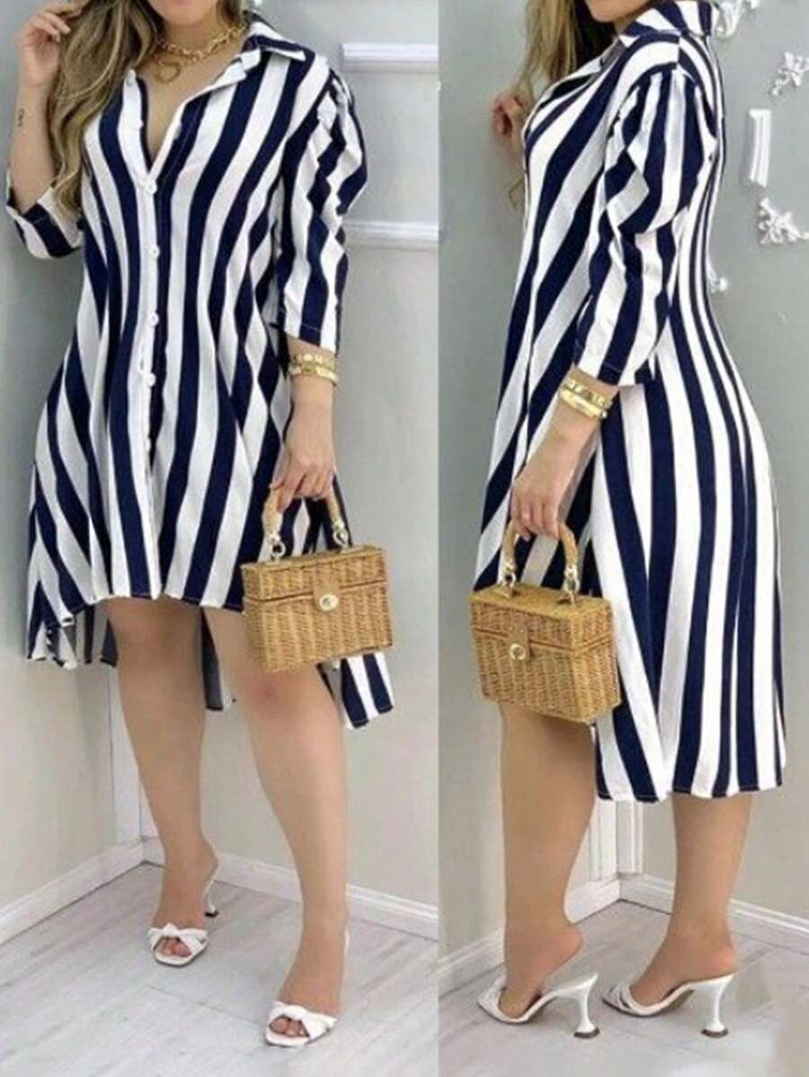 EMERY ROSE 条纹印花高低下摆衬衫裙，适合夏季长款女装