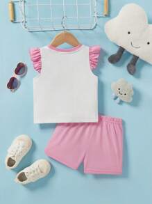 HELLO KITTY AND FRIENDS | SHEIN Bộ 2 áo tay ngắn in hình ngôi sao và hoạt hình  cho bé gái và quần short - Hồng - Xem 2