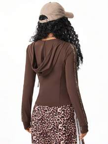 SHEIN EZwear Women Fall/Winter Brown Sportswear Leopard Woven Tape Long Sleeve Workout Sweatshirt,Workout Jacket,Back To School - Coffee Brown - View 2