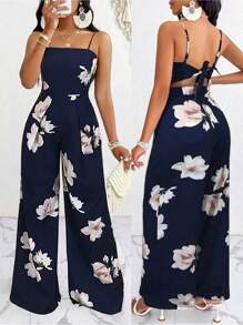 Breezaya Jumpsuit Mit Spaghettiträgern Und Weitem Bein Für Damen Mit Blumenmuster, Geeignet Für Den Sommer