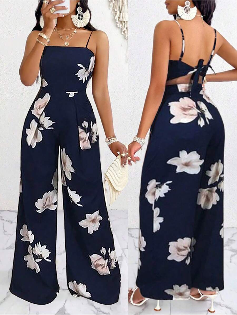 Breezaya Jumpsuit Mit Spaghettiträgern Und Weitem Bein Für Damen Mit Blumenmuster, Geeignet Für Den Sommer