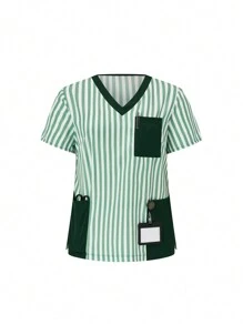 TaskEZ 大码拼色条纹多口袋短袖上衣和裤子制服 2 件套，大码制服和手术服