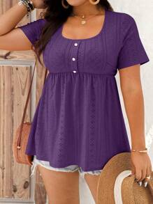 SHEIN LUNE Plus Size Vacation Casual Solid Color Hollow Out Embroidered T-Shirt