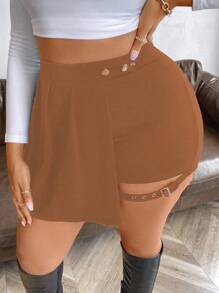 Flirla Pantalones cortos ajustado de talla grande con dobladillo asimétrico de unicolor, de verano - Marrón - Ver 4