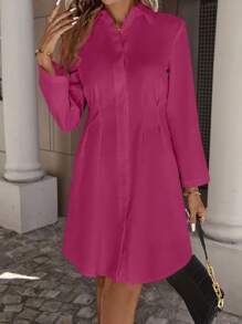 SHEIN Clasi Women Solid Color Simple Casual Collared Long Sleeve Dress - Hot Pink - View 5