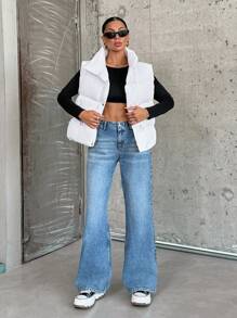 EURMUSE Short Vest With Two Pockets, Sleeves Puffer Jacket With Zip - White - View 8