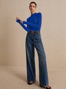 Poéselle Solid Mock Neck Tee,  Bottoming Tee, Long Sleeve, Basic Tee - Royal Blue - View 5