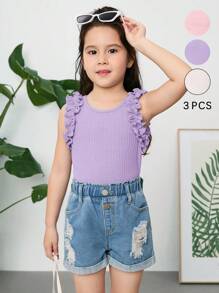 SHEIN 3 piezas/Set Set de top corto ajustado sin mangas con cuello redondo y dobladillo con volantes de unicolor para niña joven