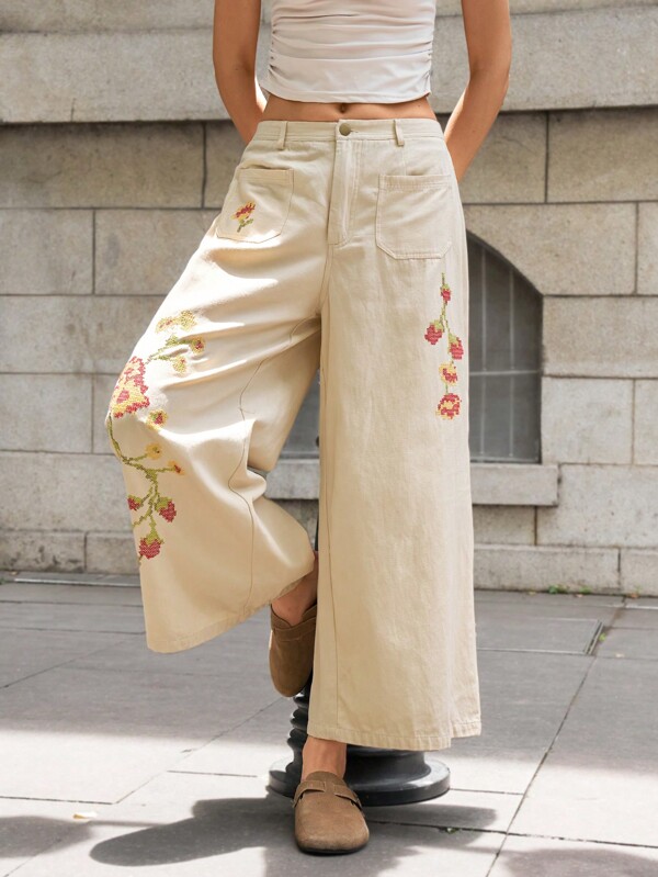 Bohemela Pantaloni largi de damă, cu broderie pixelată, decorați, cu buzunare frontale cu nasturi, vacanță ocazională