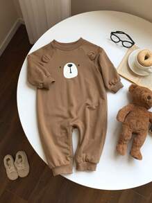 SHEIN 新生儿男女通用休闲熊图案耳朵装饰长袖连体衣